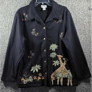 Alfred Dunner Embroidered Giraffe Jacket Cardigan Black Womens Size Small